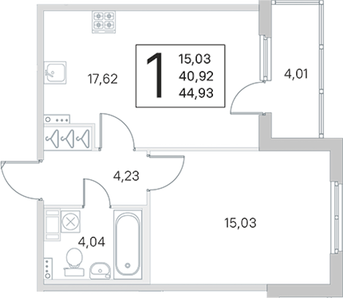 1-комнатная квартира 40.92 м², 2/4 эт., ЖК «Любоград в Стрельне»